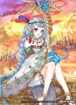  1girl banamons bare_shoulders blue_hair braid circlet clouds cloudy_sky copyright_name dragon feathers force_of_will horns jewelry long_hair mountain necklace official_art pink_eyes pointy_ears sandals sitting sky solo twin_braids very_long_hair 