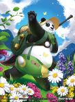  1boy bag blue_eyes butterfly copyright_name flower force_of_will fukuzou furry grass hat lamp leaf male_focus official_art panda panda_tail sandals sky solo sun 