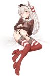  1girl amatsukaze_(kantai_collection) bangs black_panties blush breasts brown_dress brown_eyes commentary_request dress dress_lift eyebrows_visible_through_hair full_body garter_straps groin hair_tubes hat kantai_collection legs lifted_by_self long_hair long_sleeves looking_at_viewer mini_hat navel panties red_legwear remora180 rudder_footwear sailor_dress short_dress side-tie_panties silver_hair simple_background sitting small_breasts smokestack_hair_ornament solo striped thigh-highs thighs two_side_up underwear white_background windsock 