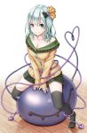  1girl alternate_hairstyle bare_shoulders black_legwear bow breasts cleavage dtvisu full_body green_eyes green_hair green_skirt hair_bow hair_ornament heart heart_of_string komeiji_koishi long_sleeves looking_at_viewer medium_breasts no_shoes sitting skirt solo thigh-highs third_eye touhou v_arms white_background wooden_floor 