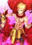  1boy armor blonde_hair ea_(fate/stay_night) earrings fate/stay_night fate_(series) gilgamesh_(fate) holding holding_sword holding_weapon jewelry looking_at_viewer navel red_eyes sen_(77nuvola) smile solo sword topless weapon 