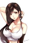 1girl armpits artist_name breasts brown_hair chocolate_hair cleavage earrings elbow_gloves final_fantasy final_fantasy_vii gloves holding holding_hair jewelry large_breasts lips long_hair midriff simple_background solo suspenders tama_(tmfy5) tank_top tifa_lockhart upper_body white_background 