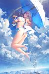  1girl ass bangs blonde_hair blue_eyes blue_sky bow bracelet breasts clouds commentary day earrings full_body hair_bow high_heels highres holding jacket jewelry large_breasts lips lipstick long_hair looking_at_viewer makeup midriff mole mole_under_eye nightmadness off_shoulder open_clothes open_jacket original outdoors parted_lips rain rainbow sky smile solo star_tattoo strapless sunlight tattoo tubetop twisted_torso umbrella under_boob water water_drop 