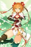  1girl arm_guards bangs black_legwear blonde_hair brown_hair copyright_request flower green_eyes hair_flower hair_ornament holding holding_sword holding_weapon leotard looking_at_viewer official_art open_mouth red_flower short_hair_with_long_locks sidelocks solo sword thigh-highs thighs weapon white_leotard yangsion 