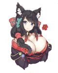  1girl animal_ears azur_lane bangs bare_shoulders black_hair black_kimono blush breasts camellia cat_ears cropped_torso eyebrows_visible_through_hair flower fusou_(azur_lane) goekawa gradient_hair hair_ornament japanese_clothes kimono large_breasts long_hair looking_at_viewer multicolored_hair parted_lips red_flower redhead sidelocks simple_background smile solo white_background 