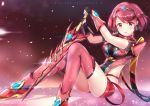  1girl breasts chinchongcha earrings fingerless_gloves gloves highres pyra_(xenoblade) impossible_clothes jewelry large_breasts leotard looking_at_viewer open_mouth petals red_eyes redhead short_hair short_shorts shorts sitting solo sword thigh-highs tiara weapon xenoblade_2 