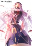  1girl absurdres altair_(re:creators) copyright_name gauntlets gloves hat highres kanoukawa_hiro long_hair looking_at_viewer military military_uniform re:creators saber_(weapon) shako_cap solo standing sword uniform very_long_hair violet_eyes weapon white_gloves white_hair 