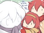  1boy 2girls brother_and_sister fire_emblem fire_emblem:_mystery_of_the_emblem gloves long_hair maria_(fire_emblem) mikimachi minerva_(fire_emblem) misheil_(fire_emblem) multiple_girls open_mouth red_eyes redhead scarf short_hair siblings sisters smile snow snowman translation_request 