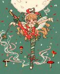  1girl alternate_color blonde_hair christmas clownpiece hat highres jester_cap oimo_(14sainobba) one_leg_raised outstretched_arms pantyhose red_eyes shirt short_sleeves solo standing standing_on_one_leg touhou wand 