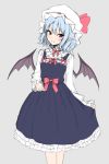  1girl alternate_costume bat_wings blue_hair grey_background junior27016 looking_at_viewer pointy_ears redhead remilia_scarlet simple_background solo standing touhou wings 
