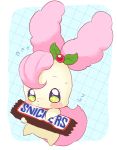  +_+ 1girl blue_background blue_eyes candy_bar fairy flying_sweatdrops kirakira_precure_a_la_mode kirarin_(precure) looking_at_viewer no_humans precure product_placement simple_background snickers solo wataboshi 