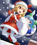  2girls alternate_costume araki_(qbthgry) belt belt_buckle blonde_hair blue_dress blue_eyes blue_hair boots bow buckle capelet carrying_over_shoulder chimney cirno dated detached_wings dress eyebrows_visible_through_hair fang flying fur-trimmed_boots fur_trim gloves green_bow hair_bow hat ice ice_wings long_sleeves looking_at_another multiple_girls on_roof outdoors over_shoulder pantyhose red_dress red_eyes red_footwear red_gloves red_hat red_ribbon ribbon rumia santa_boots santa_costume santa_hat short_hair signature snowing tareme touhou white_legwear wings 