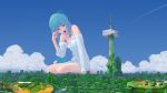  1girl aqua_eyes aqua_hair building city clouds day giantess guitar guitar_(guitars) hatsune_miku highres instrument long_hair off_shoulder one_eye_closed open_mouth pajamas rubbing_eyes seiza sitting sky sleepy solo very_long_hair vocaloid waking_up yawning 