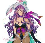  1girl animal_ears breasts bunnysuit camilla_(fire_emblem_if) cleavage fire_emblem fire_emblem_heroes fire_emblem_if gloves hair_over_one_eye large_breasts lips long_hair looking_at_viewer pomme_(lazzledazzle) purple_hair rabbit_ears simple_background solo very_long_hair violet_eyes wavy_hair 