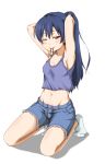  1girl armpits arms_up artist_request bangs blue_hair blush breasts commentary_request denim denim_shorts hair_between_eyes hair_tie highres kneeling long_hair love_live! love_live!_school_idol_project mouth_hold navel one_eye_closed ponytail rubber_band shorts simple_background small_breasts socks solo sonoda_umi tank_top tying_hair white_background yellow_eyes 