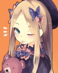  1girl ;&lt; ;p abigail_williams_(fate/grand_order) bangs black_dress black_hat blonde_hair blue_eyes bow butterfly dress eyebrows_visible_through_hair fate/grand_order fate_(series) hair_bow hands_in_sleeves hat highres long_sleeves looking_at_viewer object_hug one_eye_closed orange_background orange_bow parted_bangs polka_dot polka_dot_bow purple_bow shiabisu simple_background solo stuffed_animal stuffed_toy teddy_bear tongue tongue_out 