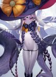  1girl abigail_williams_(fate/grand_order) black_bow black_panties bow elbow_gloves fate/grand_order fate_(series) gloves hat keyhole long_hair looking_at_viewer mins_(minevi) nail navel orange_bow pale_skin panties red_eyes solo underwear witch_hat 