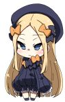  1girl abigail_williams_(fate/grand_order) bangs black_bow black_dress black_footwear black_hat blonde_hair bloomers blue_eyes blush bow butterfly chibi closed_mouth dress eyebrows_visible_through_hair fate/grand_order fate_(series) full_body hair_bow hands_in_sleeves hat head_tilt kaname_nagi long_sleeves looking_at_viewer object_hug orange_bow parted_bangs polka_dot polka_dot_bow shoes simple_background smile solo standing stuffed_animal stuffed_toy teddy_bear underwear white_background white_bloomers 