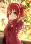  1girl :d aqua_eyes bangs blurry blurry_background christmas_lights coat diffraction_spikes hair_ornament highres kurosawa_ruby long_sleeves looking_at_viewer love_live! love_live!_sunshine!! open_mouth polka_dot polka_dot_scrunchie prbili red_coat redhead scarf scrunchie sleeves_past_wrists smile solo two_side_up upper_body winter_clothes 