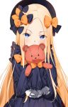  1girl abigail_williams_(fate/grand_order) absurdres bangs black_bow blonde_hair blue_eyes blush bow covered_mouth eyebrows_visible_through_hair eyes_visible_through_hair fate/grand_order fate_(series) hair_bow hands_in_sleeves hat highres long_hair long_sleeves orange_bow parted_bangs signature solo stuffed_animal stuffed_toy teddy_bear upper_body very_long_hair yang-do 