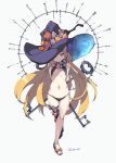  1girl abigail_williams_(fate/grand_order) absurdres black_bow black_hat blonde_hair bow fate/grand_order fate_(series) full_body hair_bow hat highres key keyhole kobo_(cobo_0609) long_hair looking_at_viewer navel orange_bow red_eyes single_thighhigh sketch solo stuffed_animal stuffed_toy teddy_bear thigh-highs witch_hat 