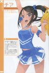  1girl absurdres arm_up bangs bare_shoulders black_hair breasts cheerleader collarbone eyebrows_visible_through_hair grey_eyes hair_ornament hairclip highres holding looking_at_viewer medium_breasts murakami_suigun navel open_mouth original parted_bangs pleated_skirt pom_poms scan side_ponytail simple_background skirt sleeveless smile solo white_background 