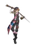  1boy american_flag antique_firearm armor belt black_footwear black_gloves blonde_hair boots buttons choker cross-laced_footwear firearm frown full_body gloves gun hat holding holding_gun holding_weapon kentucky kinoshita_sakura lace-up_boots military military_hat military_uniform necktie official_art peaked_cap pink_eyes senjyushi:_the_thousand_noble_musketeers short_twintails shoulder_armor single_gauntlet solo striped striped_legwear striped_neckwear studded_belt thigh_strap twintails uniform weapon 