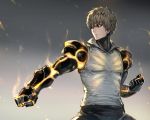  1boy black_sclera blonde_hair clenched_hands closed_mouth collared_shirt cyborg earrings fighting_stance frown genos glowing grey_background hair_between_eyes haoni jewelry male_focus mechanical_arm one-punch_man pants shirt solo sparks standing v-shaped_eyebrows white_shirt yellow_eyes 