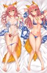  1girl :3 absurdres animal_ears armpits arms_behind_head arms_up barefoot bikini bikini_pull bikini_top blue_bikini blue_bikini_top blush bottomless bracelet breasts brown_eyes cleavage closed_mouth covered_navel cowboy_shot dakimakura eyebrows_visible_through_hair fate/grand_order fate_(series) fox_ears fox_shadow_puppet fox_tail full_body gluteal_fold hair_between_eyes highres jewelry kawai knees_together_feet_apart large_breasts long_hair lying multiple_views navel necklace on_back open_mouth pink_hair see-through shiny shiny_skin shirt side-tie_bikini strap_gap string_bikini swimsuit tail tamamo_(fate)_(all) tamamo_no_mae_(fate) tamamo_no_mae_(swimsuit_lancer)_(fate) thigh_gap wet wet_clothes wet_shirt 