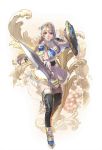  1girl artist_request blonde_hair blue_eyes braid breasts cleavage hair_ornament highres lace lace-trimmed_skirt leaf_hair_ornament long_hair looking_at_viewer official_art shield single_braid skirt solo sophitia_alexandra soul_calibur soul_calibur_vi standing sword thigh-highs weapon 