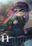  1girl bag bangs baseball_cap blue_eyes blue_sky blunt_bangs blurry blurry_background brick_wall calendar commentary_request day depth_of_field green_jacket grey_shirt hat highres holding_strap ink_tank_(splatoon) inkling inkling_(language) jacket kashu_(hizake) long_hair looking_away looking_to_the_side monster_girl november number open_mouth outdoors pocket railing red_hat redhead shirt short_eyebrows shoulder_bag sky solo sparkle splatoon splatoon_2 walking zipper zipper_pull_tab 