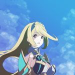  1girl armor bangs bare_shoulders blonde_hair blue_sky breasts cleavage clouds earrings eyebrows eyebrows_visible_through_hair facing_away hairband hal_(pixiv21210) mythra_(xenoblade) jewelry long_hair looking_away looking_to_the_side medium_breasts outdoors sideboob sidelocks sky solo tareme teeth turtleneck upper_body xenoblade xenoblade_2 yellow_eyes yellow_hairband 