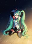  1girl absurdres ahoge aqua_eyes aqua_hair arms_up blush detached_sleeves eyebrows_visible_through_hair full_body hatsune_miku highres kneeling long_hair looking_at_viewer necktie skirt smile solo thigh-highs twintails very_long_hair vocaloid yimn-fletcher 