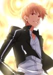  1boy black_jacket dress_shirt fate/stay_night fate_(series) gate_of_babylon gilgamesh_(fate) jacket masuishi_kinoto open_clothes open_jacket shirt solo standing upper_body white_shirt 