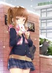  1girl against_wall bag blazer blush brown_hair cat clouds cloudy_sky commentary_request covering_mouth day envelope hair_ornament hazuki_natsu heart holding_letter jacket letter looking_at_viewer love_letter original outdoors pink_scarf ponytail scarf school school_uniform sitting skirt sky snow snowing solo standing 