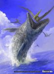  clouds copyright_name dinosaur douzen fangs force_of_will no_humans official_art open_mouth sky solo tongue tongue_out water wings 