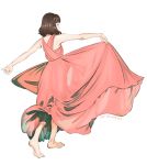  1girl bare_arms bare_shoulders barefoot brown_hair closed_eyes dancing dress from_behind full_body long_dress original red_dress short_hair signature simple_background skirt_hold solo standing umishima_senbon white_background 