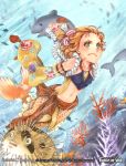  1girl artist_name bare_shoulders blonde_hair copyright_name coral dolphin fish force_of_will green_eyes horns japanese_clothes kamijororo mermaid midriff monster_girl navel official_art solo underwater 
