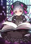  1girl black_dress book bow bowtie braid character_request closed_mouth cowboy_shot cura dress eyebrows_visible_through_hair fate/grand_order fate_(series) frilled_dress frills gothic_lolita grey_neckwear hat holding holding_book juliet_sleeves lolita_fashion long_hair long_sleeves magic open_book puffy_sleeves silver_hair smile solo twin_braids very_long_hair violet_eyes window 