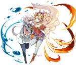  2girls bare_shoulders blonde_hair blue_eyes bow breasts cape character_request detached_sleeves dress earrings elbow_gloves final_fantasy final_fantasy_vi gloves hair_ribbon jewelry long_hair multiple_girls pantyhose ponytail print_legwear ribbon tama_(tmfy5) tina_branford 
