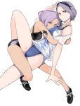  2girls character_request competition_swimsuit multiple_girls one-piece_swimsuit pale_skin purple_hair salute short_hair simple_background swimsuit violet_eyes whistle yasuda_suzuhito yozakura_quartet 