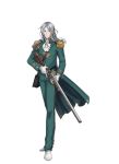  1boy aleksandr_(senjuushi) antique_firearm armor cravat firearm frown full_body gloves grey_eyes gun holding holding_gun holding_weapon kinoshita_sakura military military_uniform official_art senjuushi:_the_thousand_noble_musketeers shoulder_armor silver_hair solo uniform weapon white_footwear white_gloves 