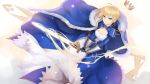  1girl ahoge armor artoria_pendragon_(all) avalon_(fate/stay_night) blonde_hair blue_cape blue_dress braid breasts bzerox cape cleavage crown dress excalibur fate/stay_night fate_(series) fur_trim gauntlets green_eyes hair_between_eyes headwear_removed holding holding_sword holding_weapon juliet_sleeves long_sleeves looking_at_viewer parted_lips puffy_sleeves saber short_hair solo sword v-shaped_eyebrows weapon 