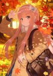  1girl arm_up autumn autumn_leaves bag bag_charm bangs blue_skirt bow brown_coat brown_eyes charm_(object) coat collared_shirt commentary_request day eyebrows_visible_through_hair fate/grand_order fate_(series) fur_collar hairband hand_in_pocket head_tilt highres kaina_(tsubasakuronikuru) long_hair long_sleeves looking_at_viewer medb_(fate/grand_order) outdoors parted_lips pink_hair shirt skirt smile solo tree v v-shaped_eyebrows very_long_hair white_bow white_hairband 