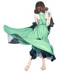  1girl bare_arms bare_shoulders barefoot brown_hair dancing dress from_behind full_body green_dress long_dress original short_hair signature simple_background skirt_hold solo standing umishima_senbon white_background 