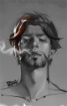  1boy artist_name bare_shoulders beard facial_hair lips looking_at_viewer male_focus mccree_(overwatch) overwatch parted_lips peter_xiao smoke smoking solo 