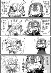  &gt;_&lt; 3girls 4koma :d ^_^ ^o^ absurdres ahoge bell capelet chibi closed_eyes comic commentary_request fate/apocrypha fate/grand_order fate_(series) gift giving headpiece highres holding jack-o&#039;-lantern jako_(jakoo21) jeanne_d&#039;arc_(alter)_(fate) jeanne_d&#039;arc_(fate) jeanne_d&#039;arc_(fate)_(all) jeanne_d&#039;arc_alter_santa_lily long_hair multiple_girls multiple_persona open_mouth ribbon short_hair smile sweat translation_request 