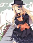  1girl abigail_williams_(fate/grand_order) absurdres black_bow black_dress black_hat blonde_hair blue_eyes blush bow dress fate/grand_order fate_(series) hair_bow hands_in_sleeves hat highres long_hair long_sleeves normaland object_hug orange_bow smile solo stuffed_animal stuffed_toy teddy_bear very_long_hair 