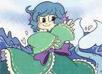  1girl blue_hair blush_stickers cuphead_(game) highres japanese_clothes kimono mermaid monster_girl obi sash touhou wakasagihime water wide_sleeves yatsunote 