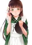  1girl absurdres adjusting_hair ama_usa_an_uniform apron asaba0327 bangs blunt_bangs blush brown_hair commentary_request eyebrows_visible_through_hair flower gochuumon_wa_usagi_desu_ka? green_eyes green_kimono hair_flower hair_ornament highres holding holding_tray japanese_clothes kimono long_hair long_sleeves looking_at_viewer maid_apron parted_lips pink_ribbon polka_dot_trim ribbon simple_background smile solo striped striped_kimono teeth tray ujimatsu_chiya upper_body white_apron white_background white_flower wide_sleeves 